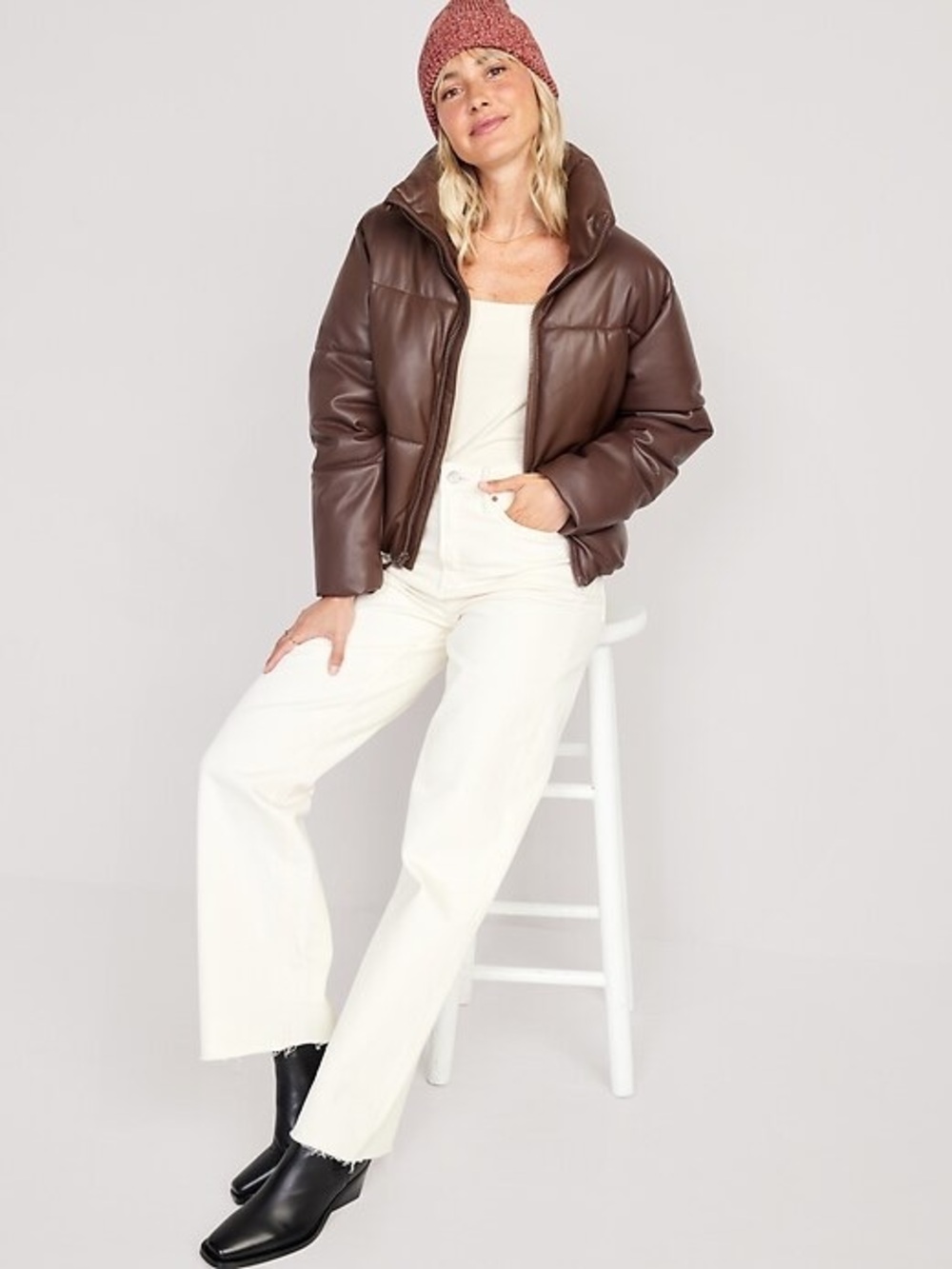 Old Navy Coat Womens XL Brown Faux Leather Quilted Puffer New